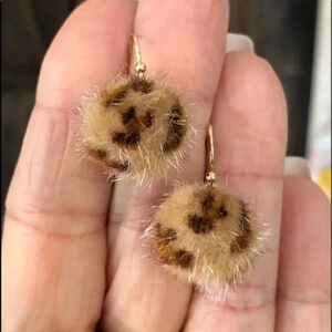 Tan Beige Leopard Fuzzy Furry Pom Pom Drop Earrings NWT